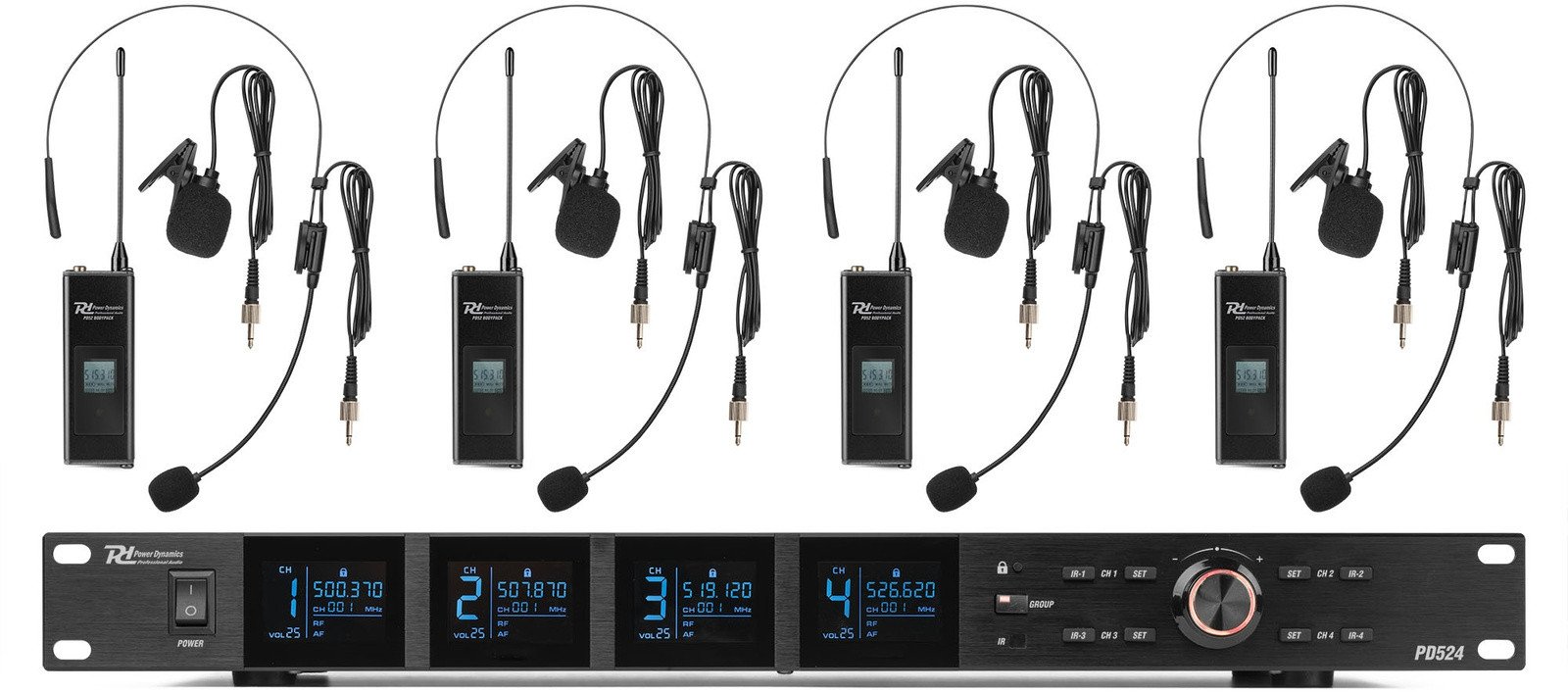 Zestaw mikrofonów bezprzewodowych UHF Power Dynamics PD524B z 4 mikrofonami typu bodypack one size