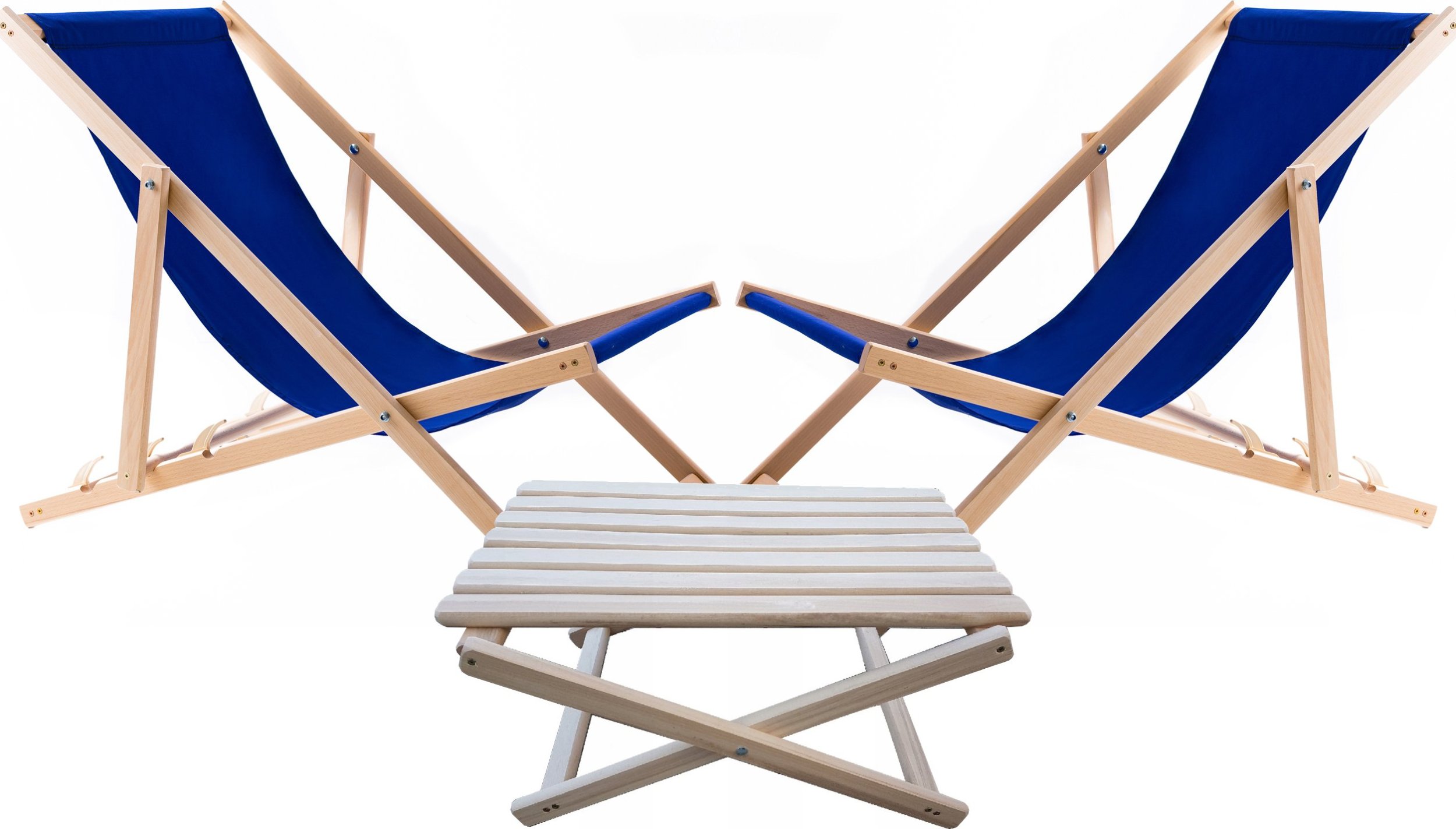 2X LEŻAK PLAŻOWY OGRODOWY DREWNIANY WOODOK chabrowa tkanina + STOLIK KAWOWY SKŁADANY