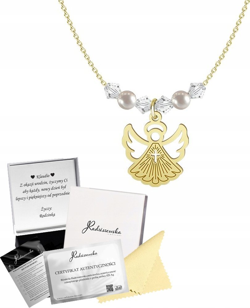 Radziszewska Jewellery Złoty Naszyjnik z Aniołem na KOMUNIĘ Łańcuszek Prezent 925 GRAWER GRATIS