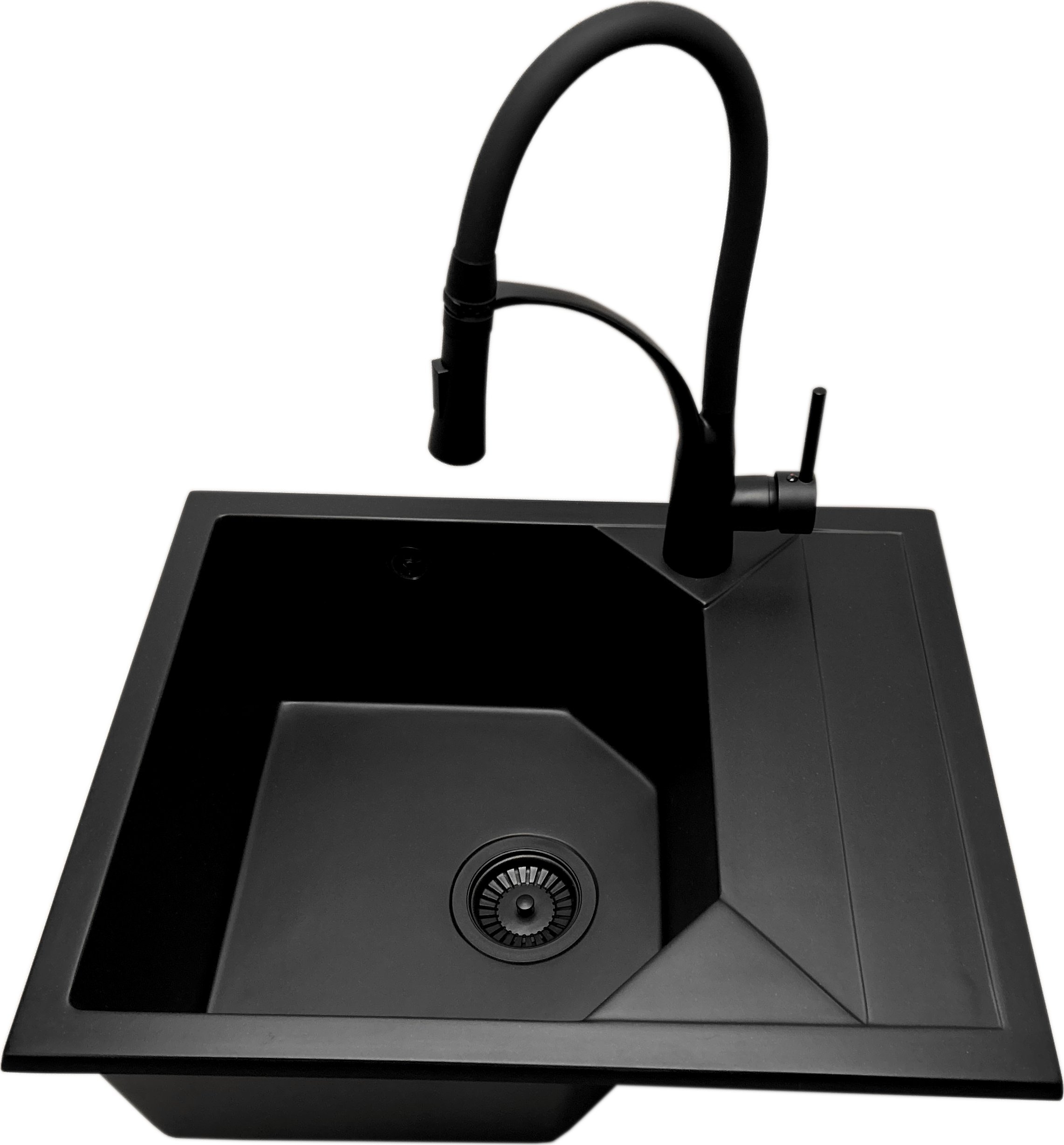 Zlewozmywak PREHNIT Zlewozmywak jednokomorowy z ociekaczem POLLO czarny z prawym ociekaczem + bateria nexo