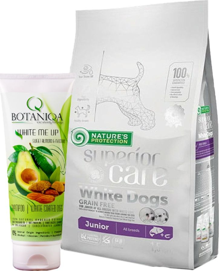 Nature’s Protection Superior Care Grain Free White Dog Junior All Breeds 1,5 kg + Botaniqa white me up Sweet Almond & Avocado Shampoo 250 ml