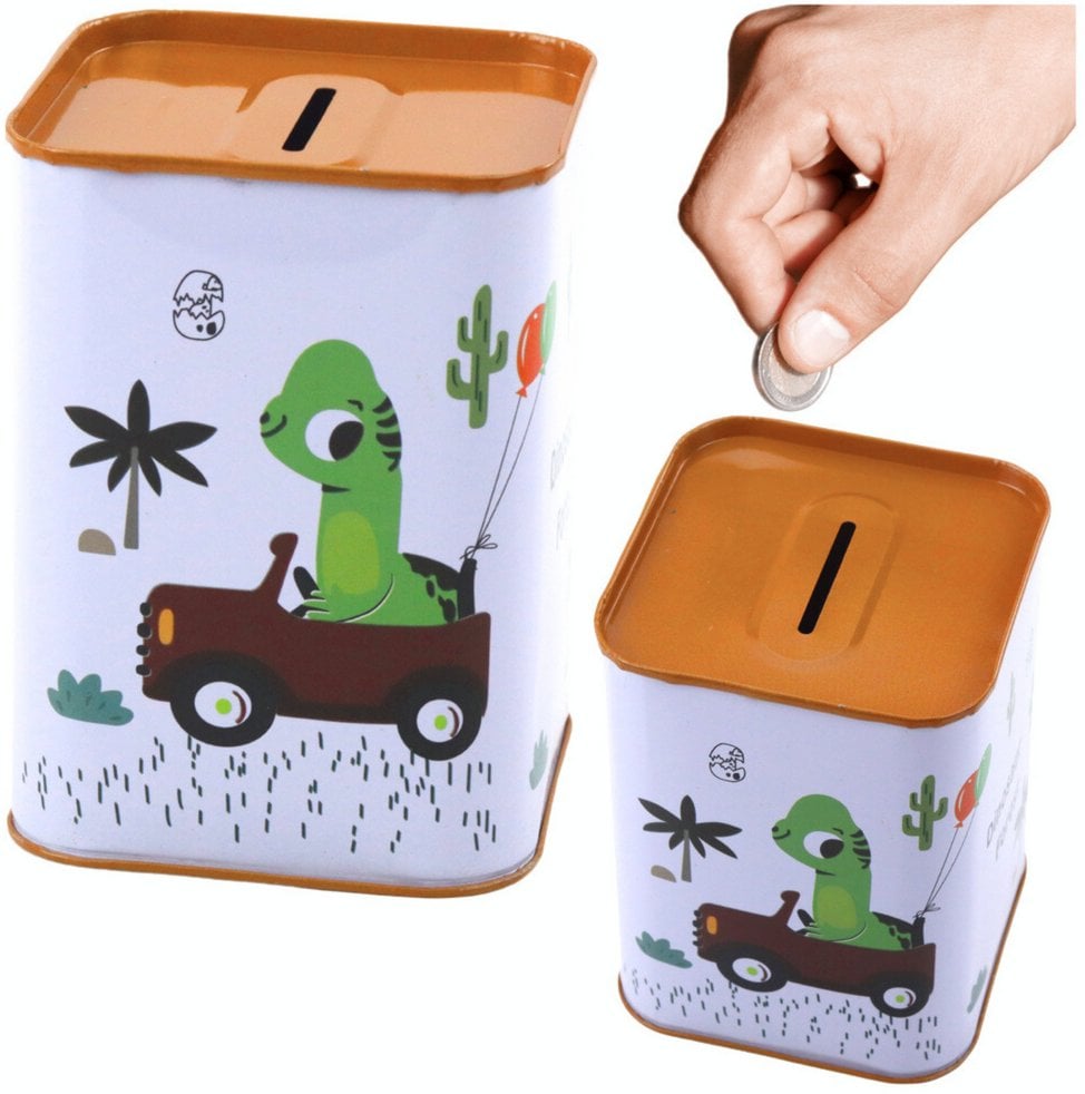 Skarbonka Dinozaur W Samochodzie Nauka Oszczędzania Metalowa Biała 11x8cm