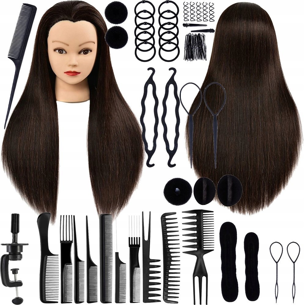 GŁÓWKA FRYZJERSKA TRENINGOWA 70cm BRĄZ3 ZESTAW