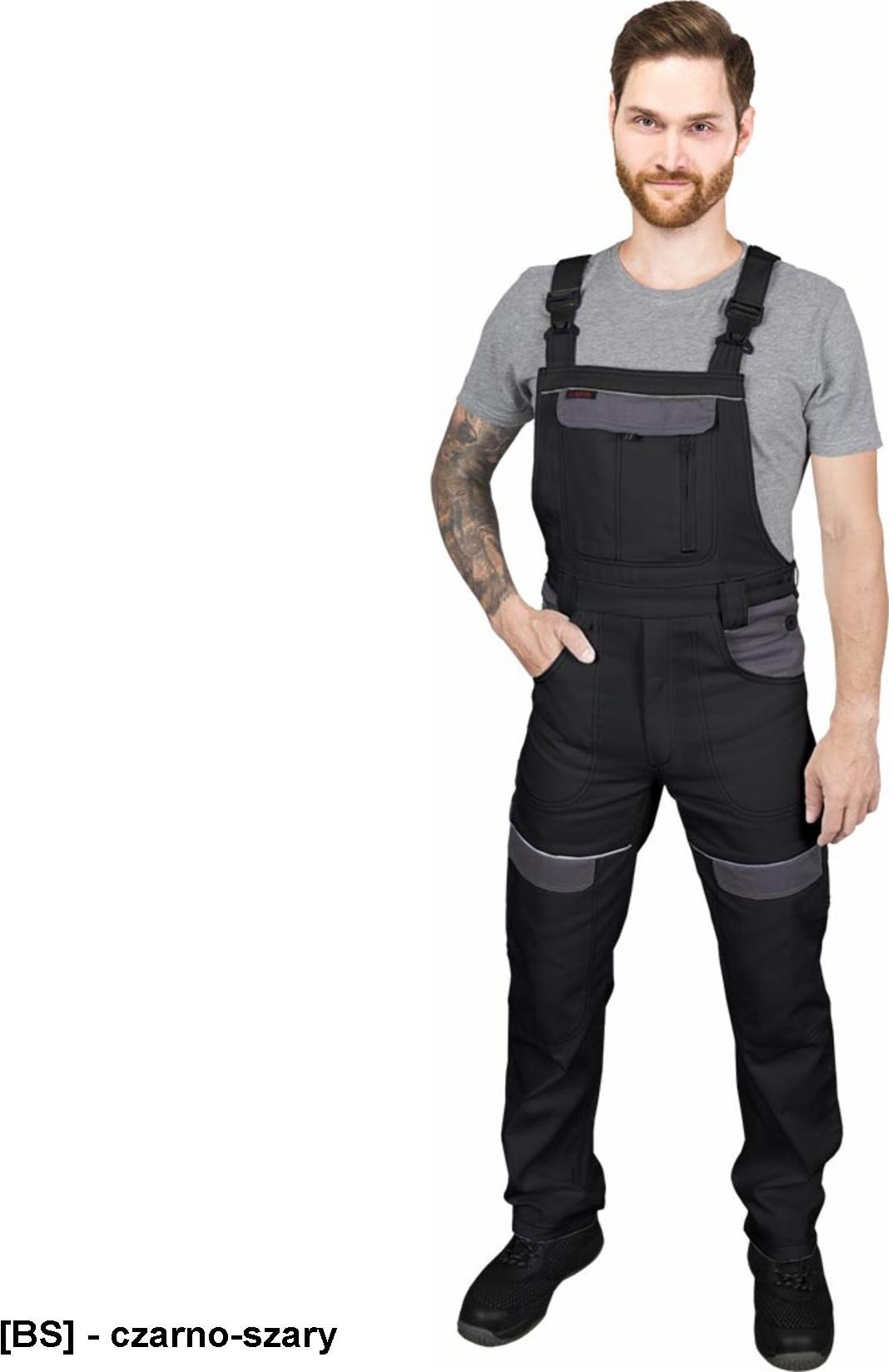 CORTON-B - Spodnie ochronne ogrodniczki CORTON, tkane 100% bawełna 260 g/m2 6 kieszeni elementy odlaskowe - czarno-szary 64