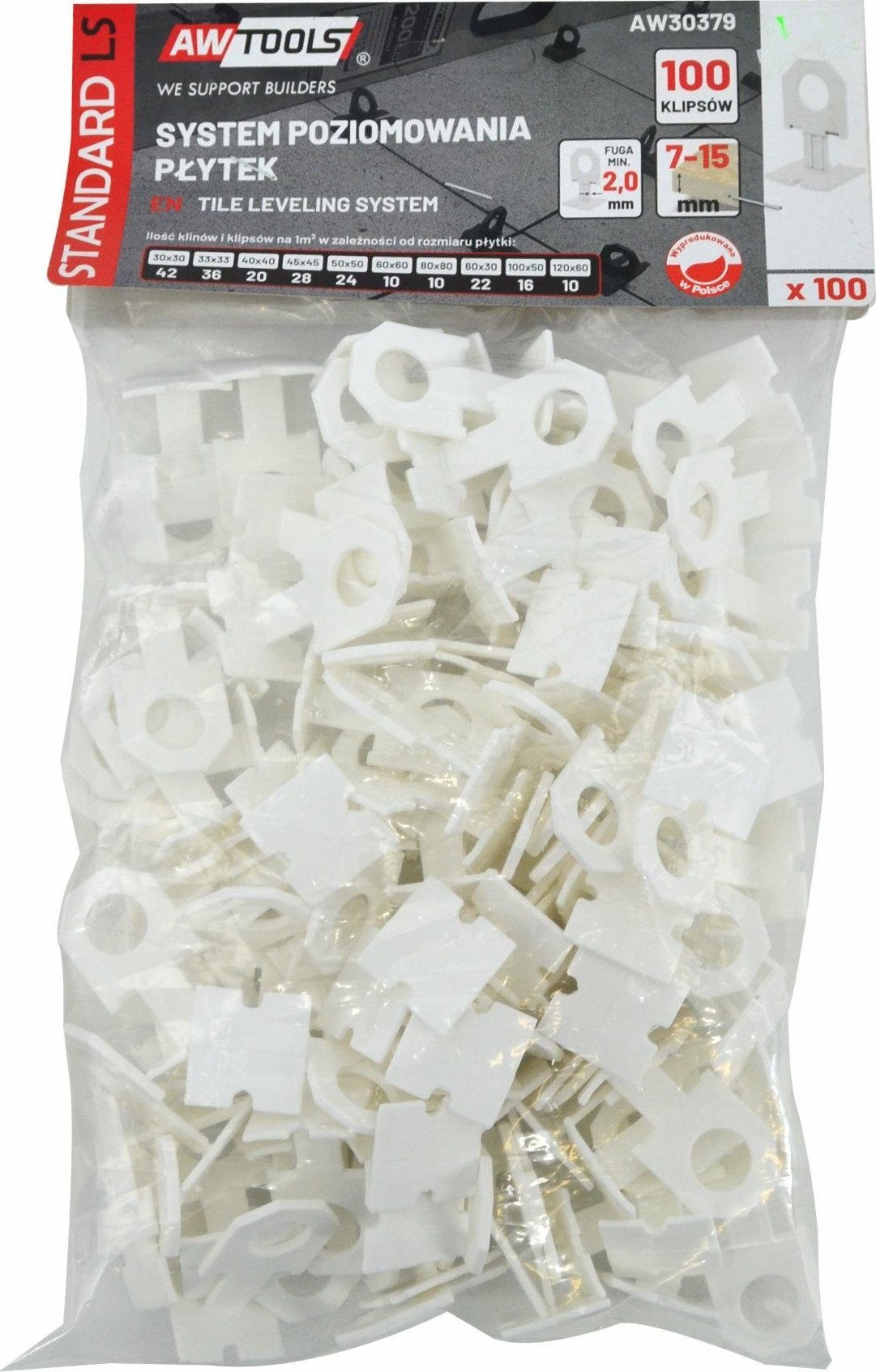 AWTools AWTOOLS SYSTEM POZIOMOWANIA PŁYTEK STANDARD 2,0mm - 7-15mm - KLIPS 100szt.