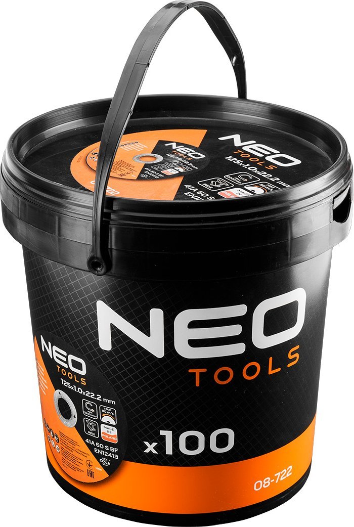 Neo Tarcze tnące do metalu/INOX 125 x 1.0 x 22,2mm, 41 A60-S-BF, 100 szt. wiaderko. Wyprodukowano w PL