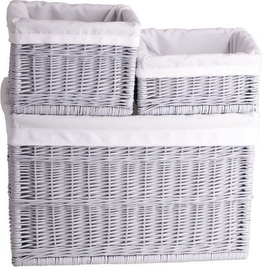 WickerPL Zestaw 3 koszy wiklinowych obszytych tkaniną 30x30 H15 30x30 H30 60x40 H40 cm