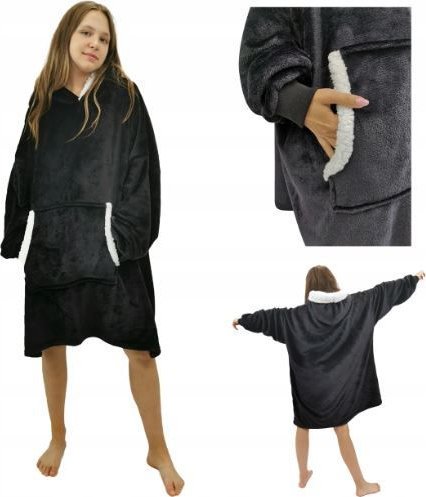 kontrast Ciepła gruba bluza z kapturem kocobluza oversize czarna