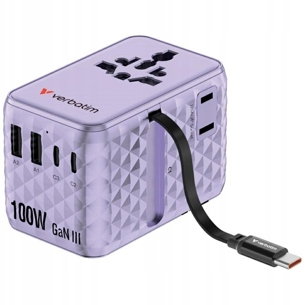 Verbatim Travel Adapter EU/UK/US GaN 2xUSB-C/2xUSB-A/1xUSB-C PD 100W purple 30193