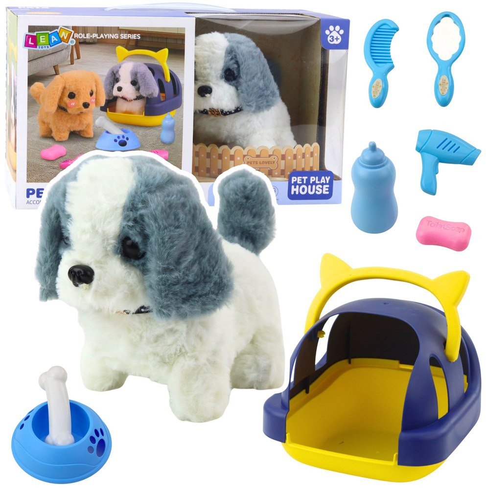 Pies Interaktywny Pluszowy Chodzi Szczeka Transporter Akcesoria Szaro-Biały