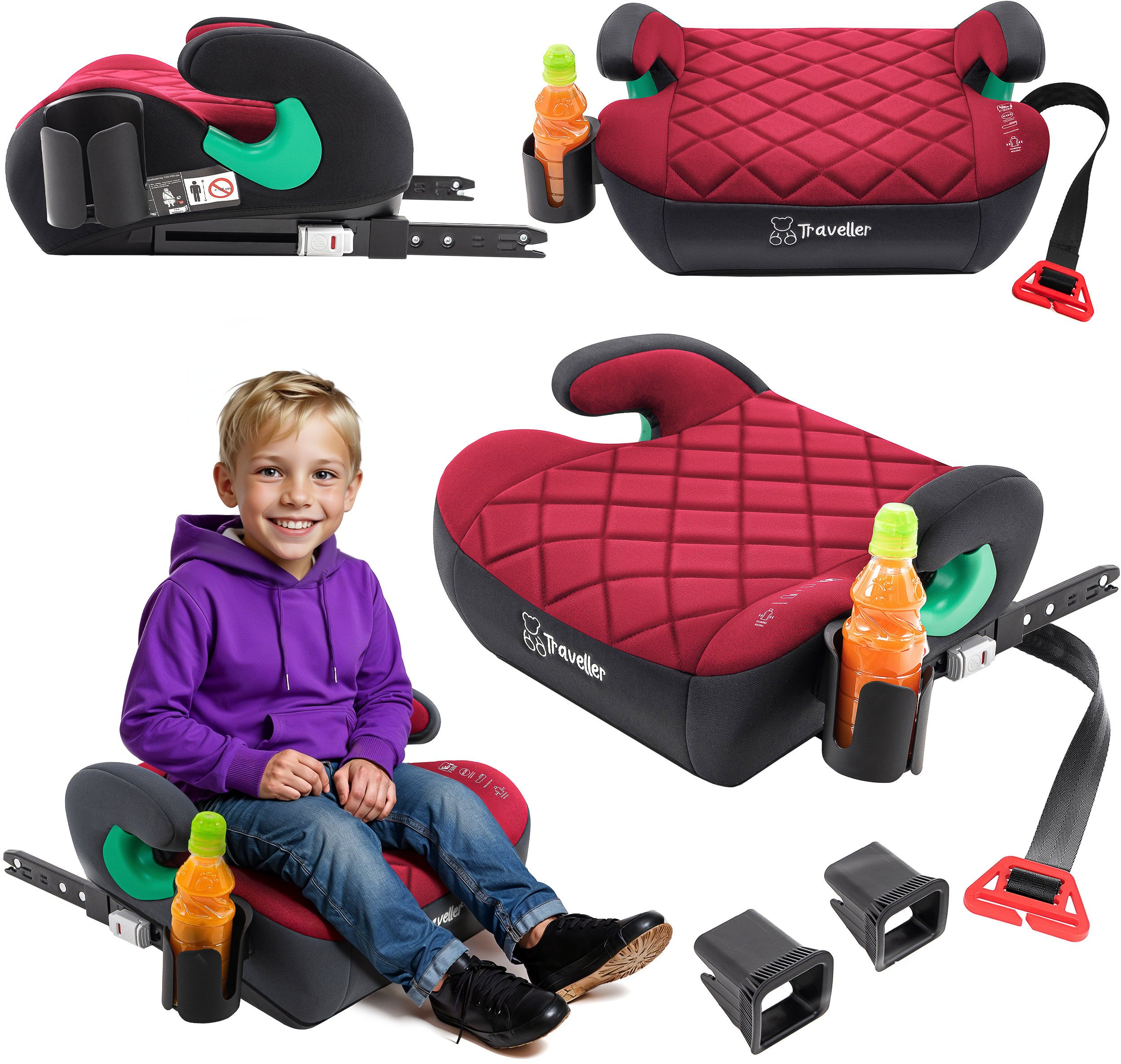 FOTELIK SAMOCHODOWY PODKŁADKA SIEDZISKO Z ISOFIX BORDOWO-SZARY PIKOWANY R129 125-150 CM