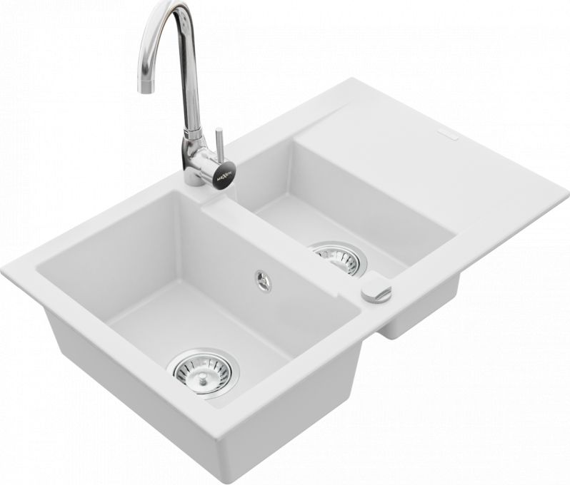 Zlewozmywak Mexen Mexen Gaspar zlewozmywak granitowy 1,5-komorowy z ociekaczem i baterią kuchenną Telma, biały - 6507-20-670200-00