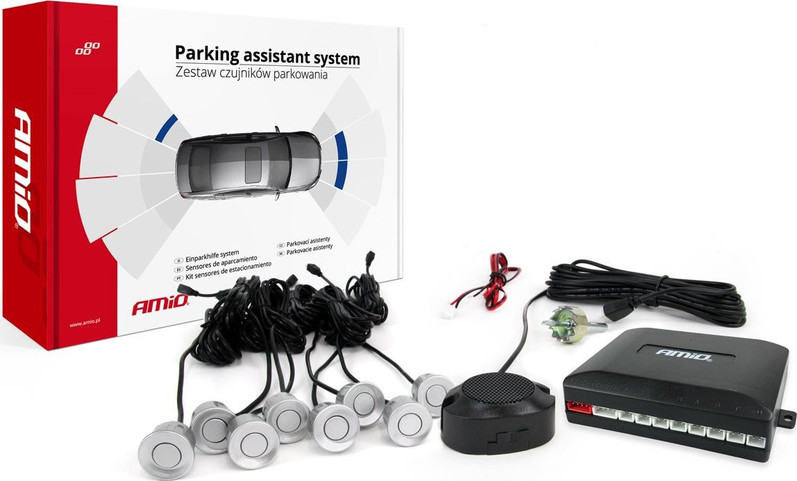 AMiO Zestaw czujników parkowania cofania buzzer 8 sensorów srebrnych