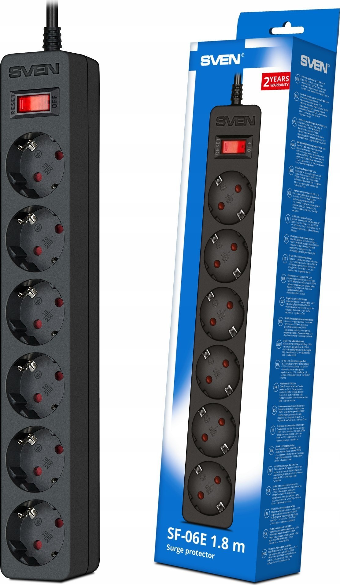 Listwa przeciwprzepięciowa SVEN SF-06E 1,8 m, (6 gniazd) czarna