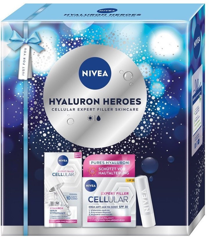 Nivea Hyaluron Heroes zestaw serum wypełniające 15ml + krem anti-age na dzień SPF30 50ml + nawilżający balsam do ust 4.8g
