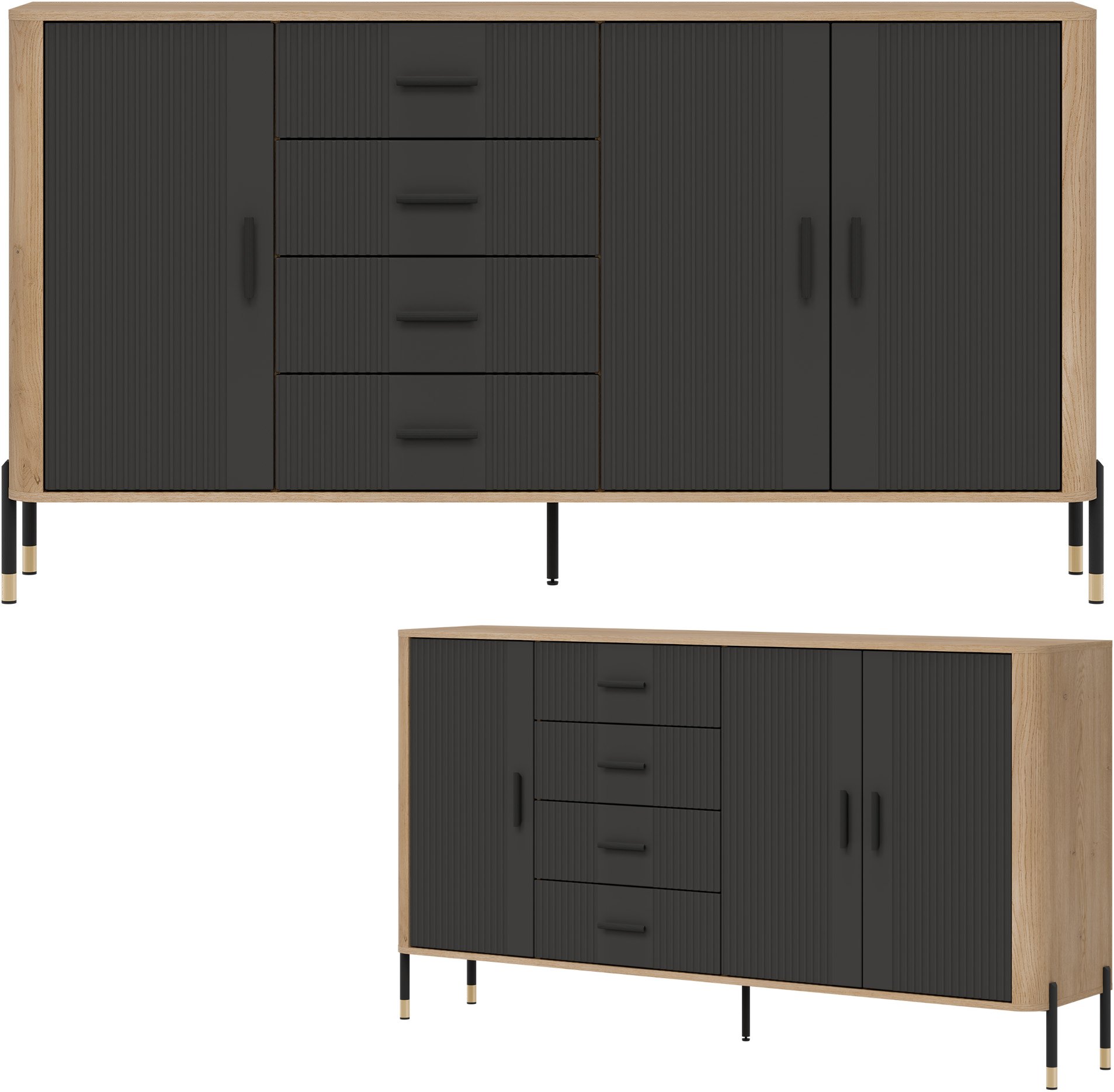 Komoda Szafka trzydrzwiowa z 4 szufladami Dąb Antracyt Czarny DANTE DT10