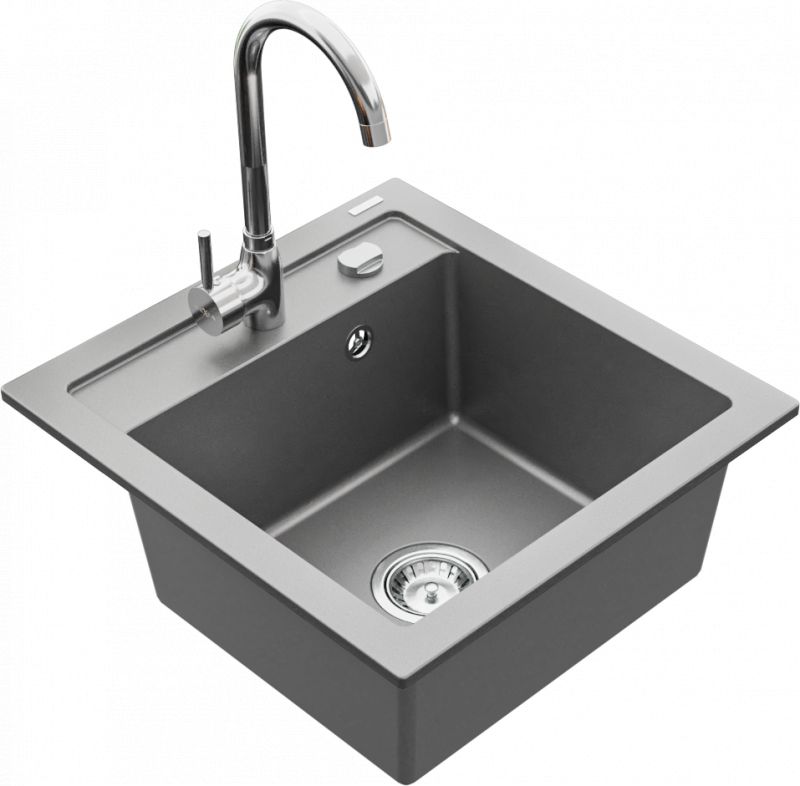 Zlewozmywak Mexen Vito granitowy 1-komorowy z baterią kuchenną Telma, szary - 6503-71-670200-00