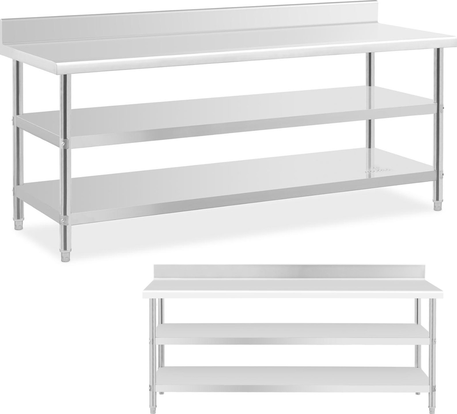 Royal Catering Stół blat roboczy stalowy nierdzewny przyścienny z rantem 2 półki 200x70cm Stół blat roboczy stalowy nierdzewny przyścienny z rantem 2