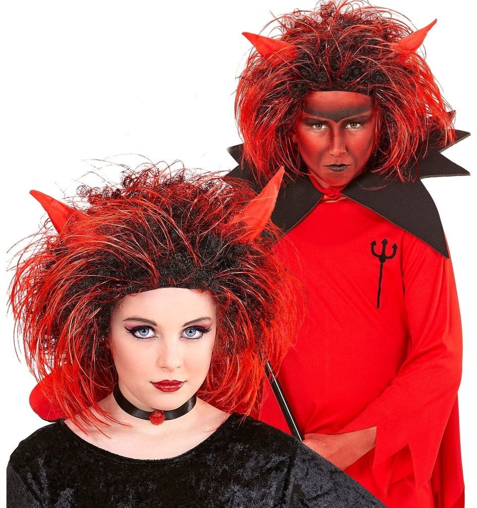 Peruka diablicy czarno czerwona z rogami