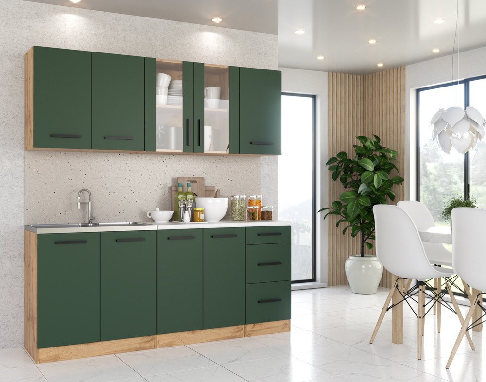 Meble Kuchenne Rest 2.0m Modułowy Pojemny Komplet Kuchenny Butelkowa Zieleń