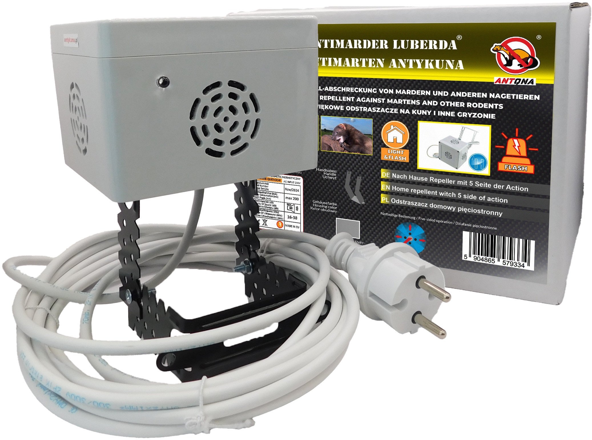 Antykuna.pl Odstraszacz Hermetyczny LIGHT&FLASH cichy do domu, na strych, do altan Działający na 5 stron na uchwycie Zasilanie 230V [9334]