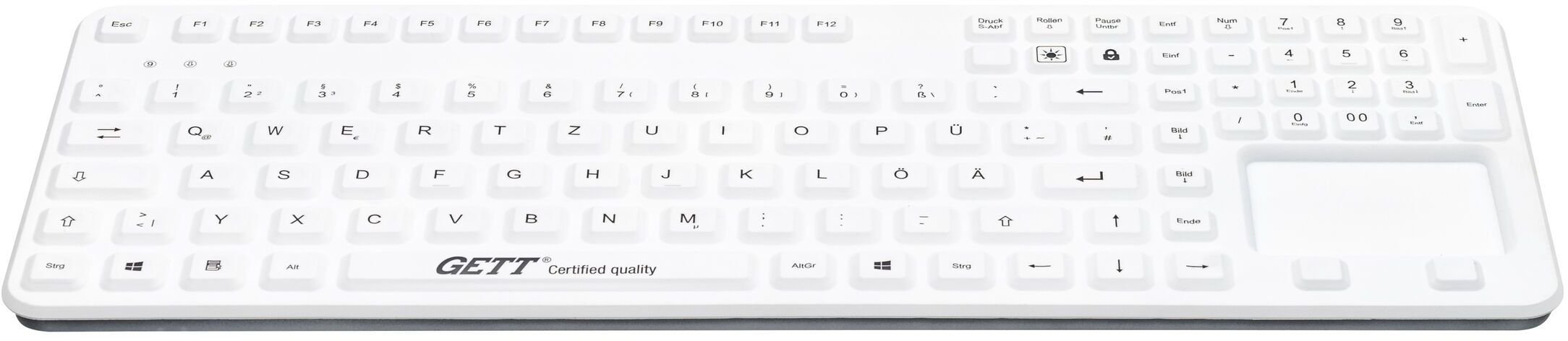 Klawiatura Gett GETT GCQ Cleantype Prime Panel+ Silikonowa klawiatura do zabudowy z podświetleniem, touchpadem i blokiem NUM IP65 USB Kolor: biały Ukł