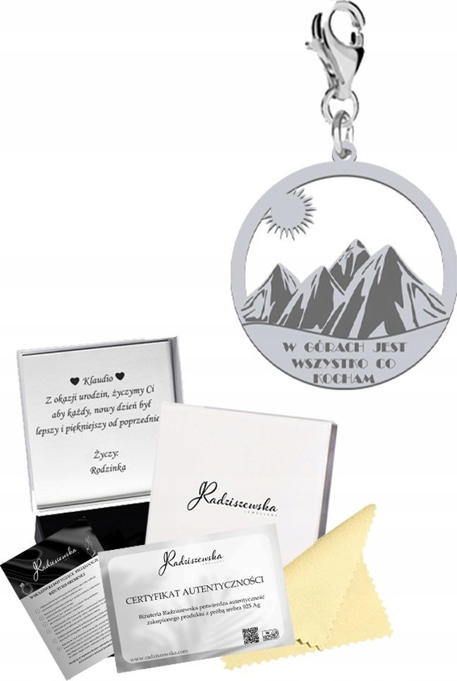 Radziszewska Jewellery Srebrny Charms GÓRY Karabińczyk SREBRO 925 Prezent Kobieta DEDYKACJA GRATIS