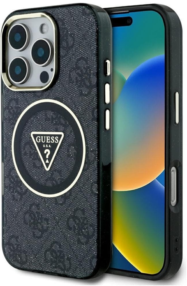 Case Guess IML Metal Glitter 4G Circle Triangle MagSafe for iPhone 16 Pro black