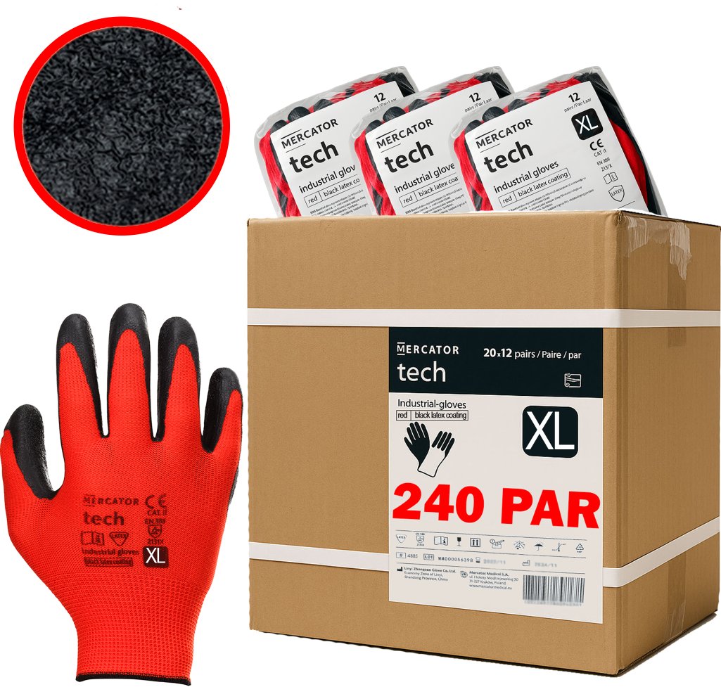 Rękawice Robocze MERCATOR Tech Red+Black Latex - XL - 240 Par