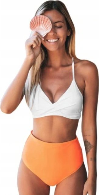 Strój Kąpielowy z Wysokim Stanem Biało-Pomarańczowy L