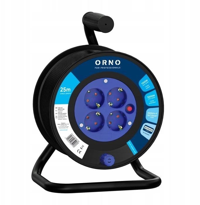 Orno Przedłużacz bębnowy, 4 gniazda 2P+Z, Schuko, przewód PVC H05VV-F 3x1,5mm?, długość 25m, wyłącznik termiczny, przesłony torów prądowych