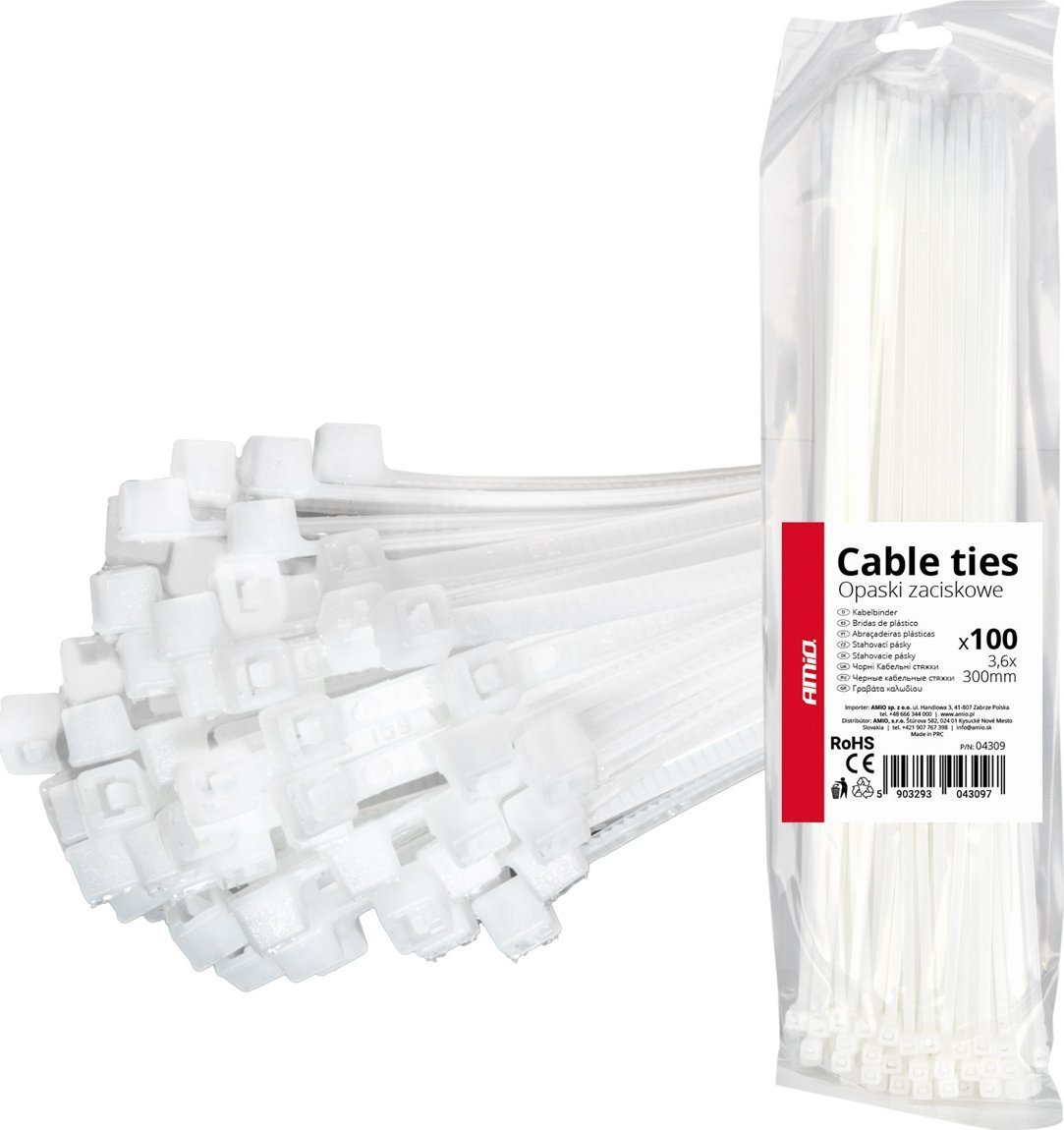 Opaski zaciskowe białe 3.6×300mm 100 szt. amio-04309