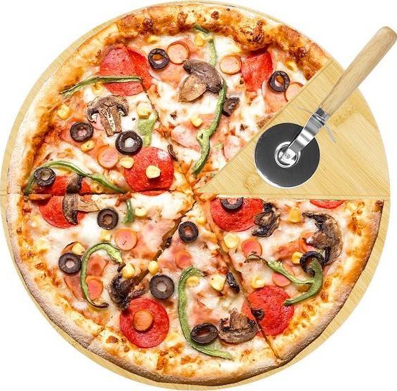 Springos Deska do pizzy 30 cm z nożykiem bambusowy zestaw do serwowania pizzy UNIWERSALNY