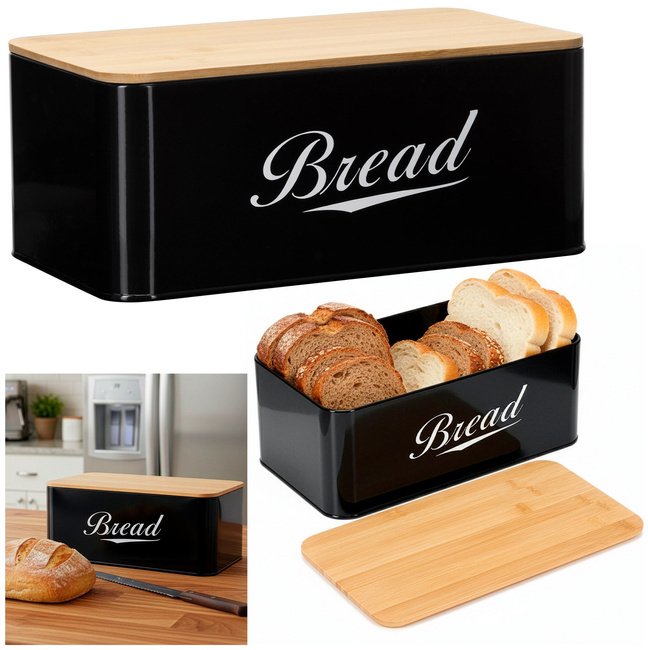 Chlebak metalowy, zamykany z bambusową deską, pojemnik na pieczywo, czarny UNIWERSALNY