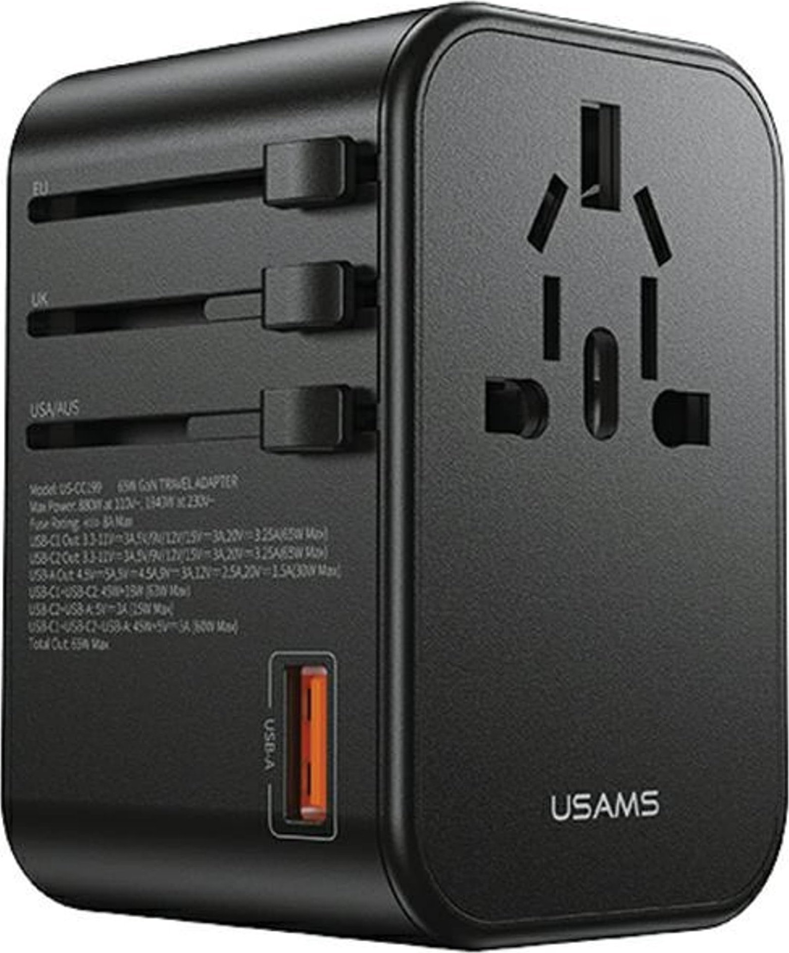 Ładowarka Usams USAMS Adapter siec 1xUSB+2xUSB-C T62 65W 4w1 US/AU/EU/UK czarny/black CC199TC01 (US-CC199) Univesal Travel Charger