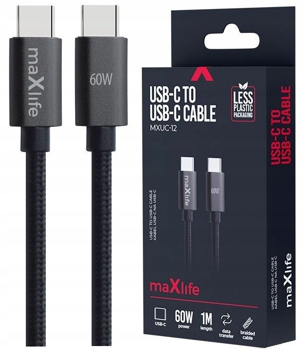Maxlife kabel MXUC-12 USB-C - USB-C 1,0 m 60W czarny