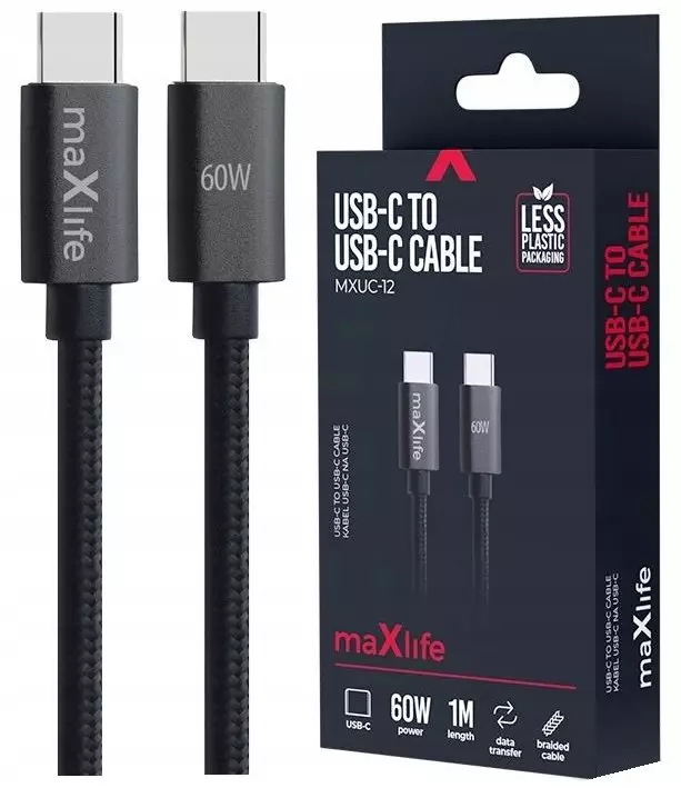 Maxlife kabel MXUC-12 USB-C - USB-C 1,0 m 60W czarny
