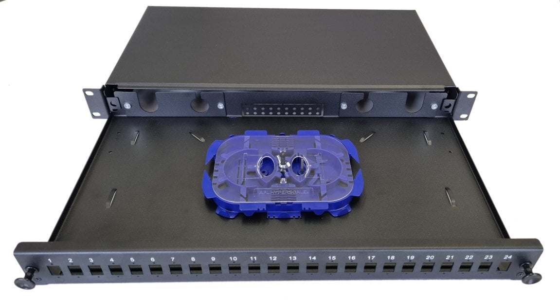 OEM Wysuwana szafka optyczna 1U, 24x SC simplex (24x LC duplex, 24x E2000) z kasetą OPTRONIC do 24 spawów, czarny