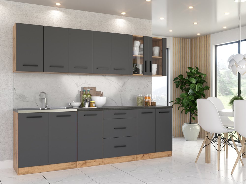 Kuchnia Nowoczesna Z Blatem Duża Remino 2.6m Wotan Szary Mat San Sebastian
