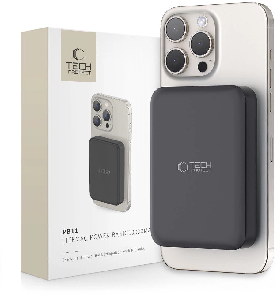 Powerbank Tech-Protect Powerbank LifeMag PB11 z MagSafe 10000mAh 15W port USB-C - black + kabel USB-C