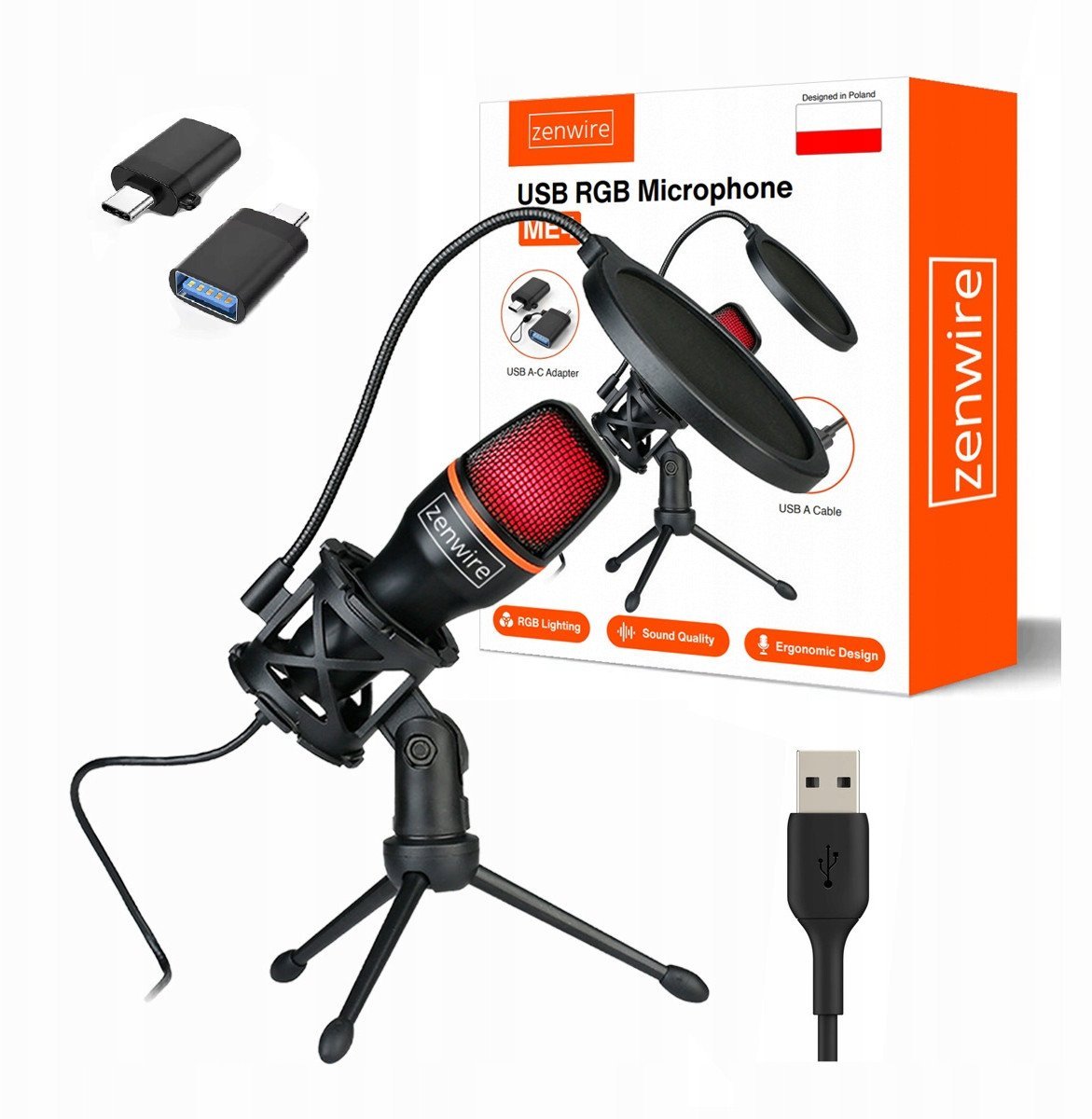 Mikrofon PROOVE Mikrofon Pojemnościowy Studyjny do Komputera PC Gamingowy RGB USB-C USB 3.0 Zenwire ME4