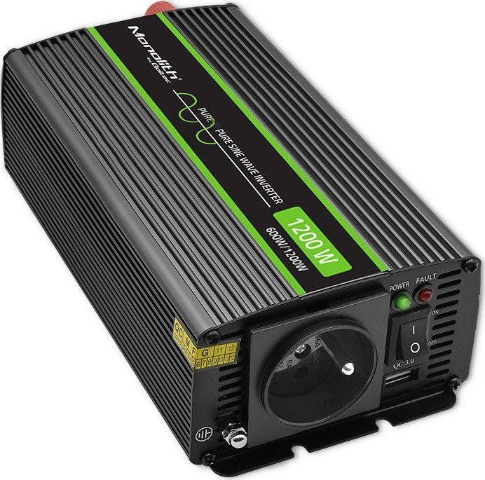 Przetwornica Qoltec Przetwornica napięcia Monolith 1200 MS Wave | 12V na 230V | 600/1200W | USB