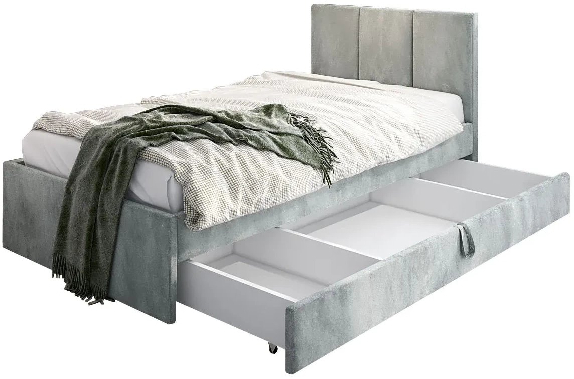 Łóżko młodzieżowe VIVO 2 90x200 jasne szare z tapicerowanym panelem i szufladą MKPOL