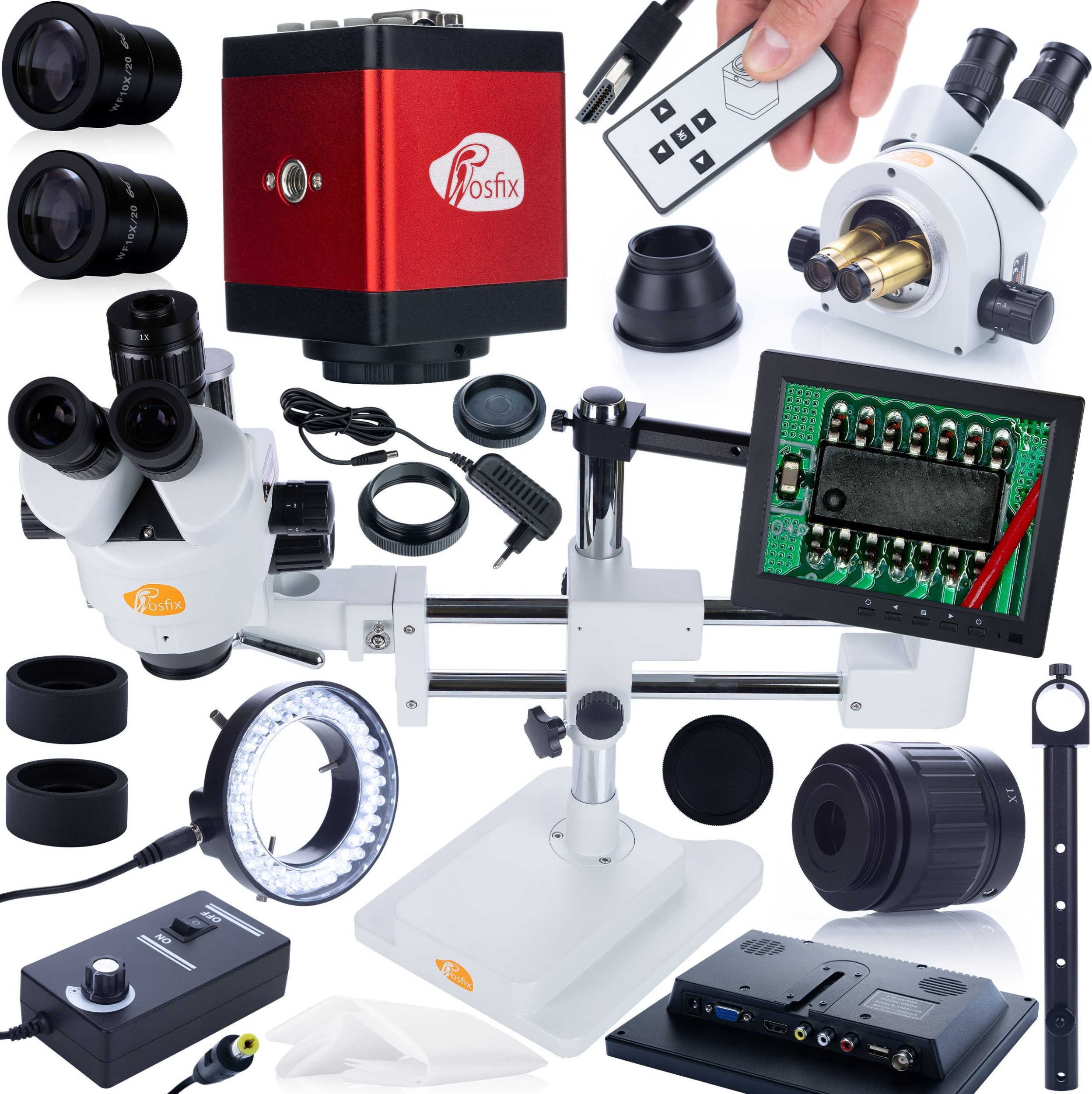 Mikroskop Rosfix MIKROSKOP STEREOSKOPOWY TRINOKULAROWY SUWNICA UCHWYT WYŚWIETLACZ KAMERA