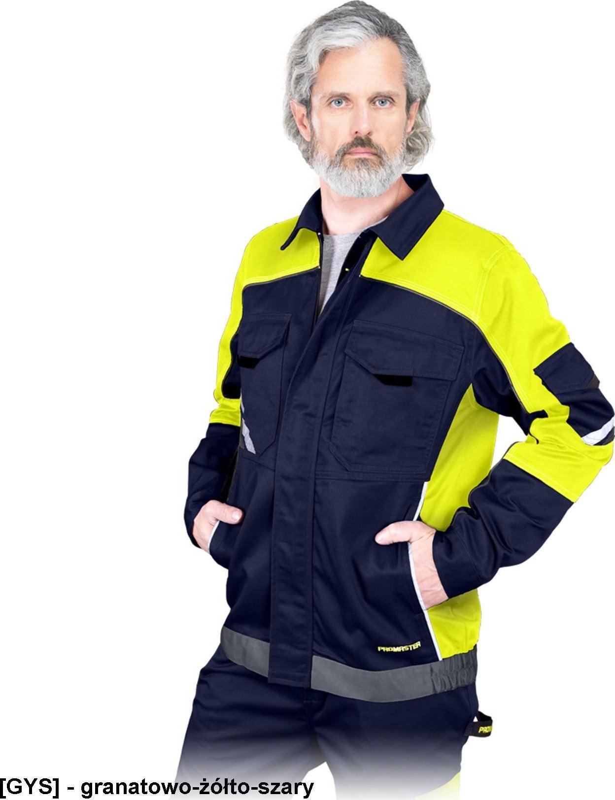 R.E.I.S. PROX-J - bluza ochronna PROX, zamek błyskawiczny, rękawy napy, wentylacja pachy, odblaski, 65% poliester, 35% bawełna - granatowo-żółto-szary