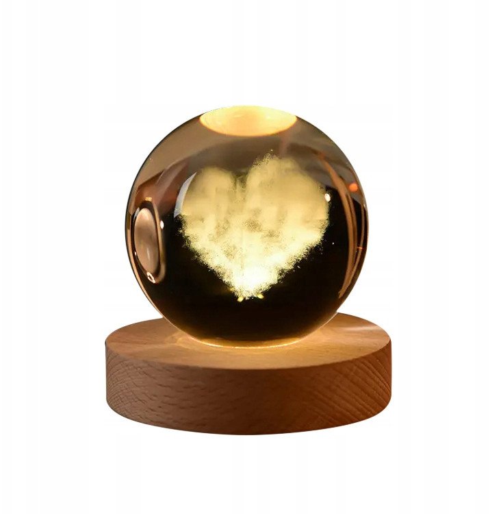 SZKLANA KULA Lampka 3D NOCNA 6cm Zasilana USB dla DZIECI do Sypialni SERCE