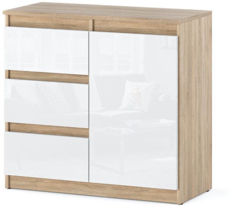 Komoda Nowoczesna 3 Szuflady Agnes 80cm Sypialnia Dąb Sonoma Biała Połysk