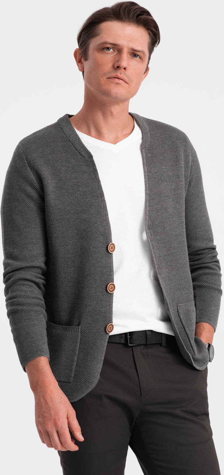 Ombre Strukturalny sweter męski kardigan z kieszeniami - grafitowy melanż V2 OM-SWCD-0109 L
