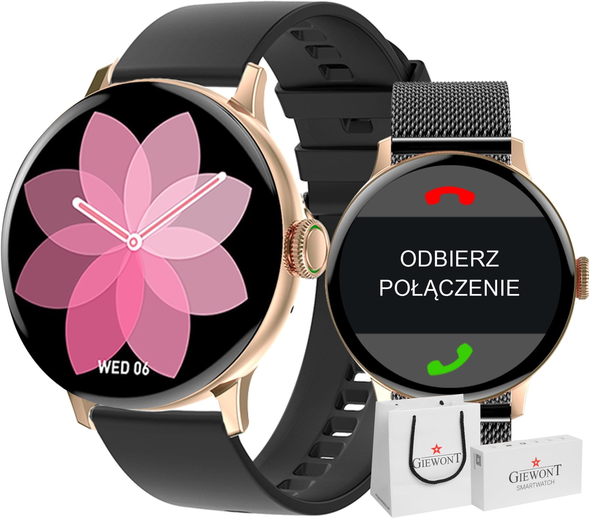 Smartwatch Giewont Różowy GW330-5 Różowe Złoto-Róż Czarny Pasek Silikonowy + Bransoleta czarna
