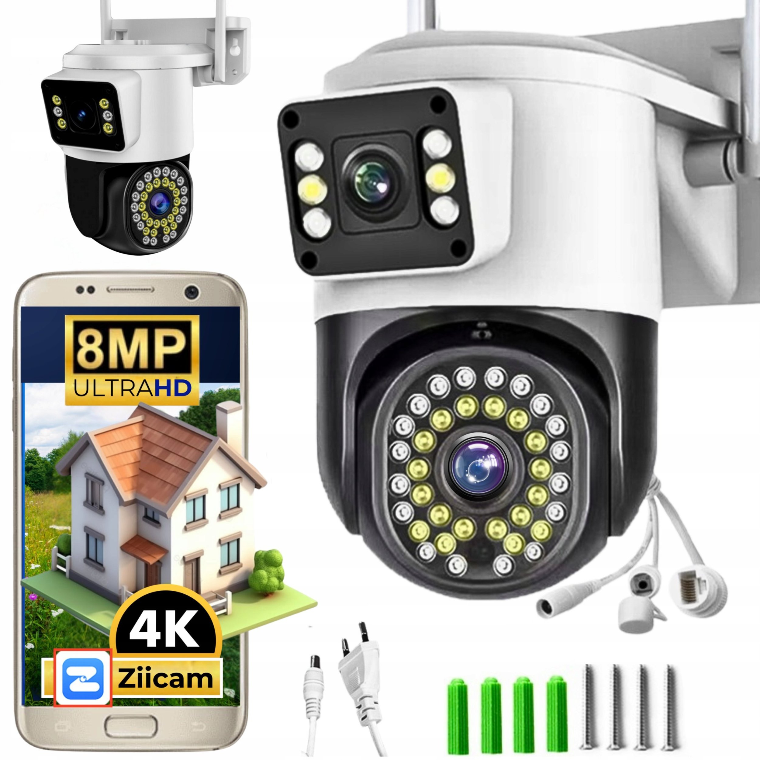 Podwójna Kamera Wifi ZEWNĘTRZNA 8MPx Obrotowa ULTRA HD BIAŁA ZOOM DETEKCJA [TS-Smart]